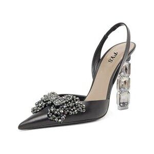 FYS Black Women Slip on Pointed Toe Slingback Sandals Crystal Rhinestones
